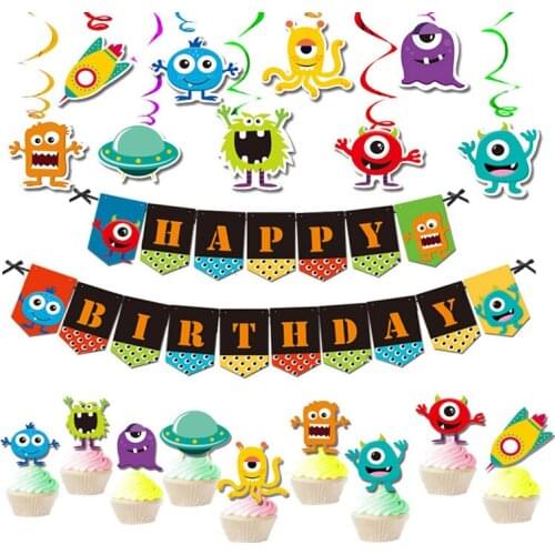 Cartoon Monster Cupcake Toppers Pull flag Hanging Ornament Birthday Wedding Baby Shower Party Decoration Suppliers