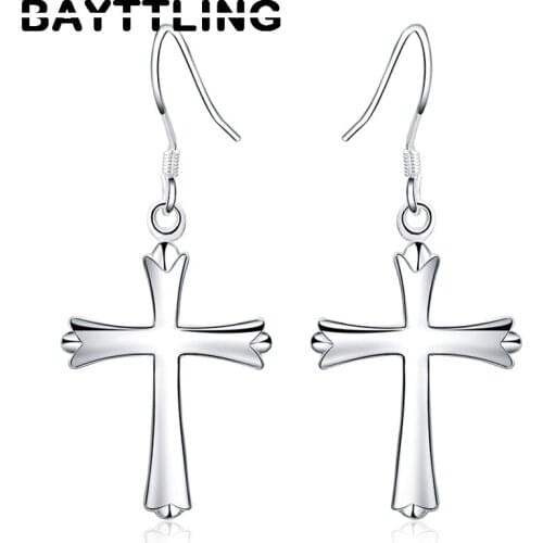 BAYTTLING High Quality 925 Sterling Silver Cross Drop Earrings For Woman Fashion Wedding Gift Girlfriend Birthday Jewelry