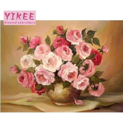 YIKEE Diamond Painting Flowers Cross Stitch Full Diamond Embroidery Picture Of Rhinestones Beadwork h677