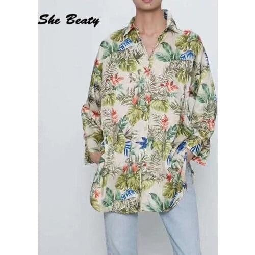 She Beaty Blouse Women Leaf Print Turn-Dwon Collar Long Sleeve 2021 Autumn Casual Clothes Shirts Y2k Plus Size Tops Za Oem Mujer