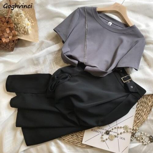 Sets Women Solid Simple Stylish O-neck Crops T-shirts Causal Chic Ulzzang Streetwear Skirts Summer Female Two Piece Oversize Ins