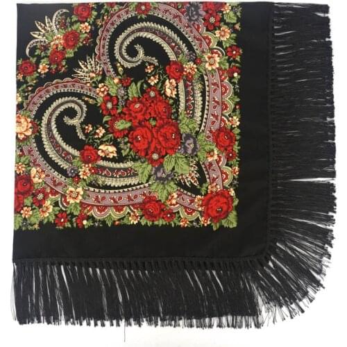 Ethnic Style Womens Russian Scarf Retro Floral Pattern Square Scarves Ladies Fringed Blanket Shawl Winter Pashmina Hijab Wraps