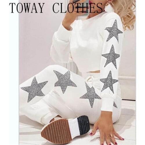 O-neck Long Sleeve Studded Star Pattern Top & Drawstring Pants Set Casual 2PC Autumn Spring Set For Women 2021