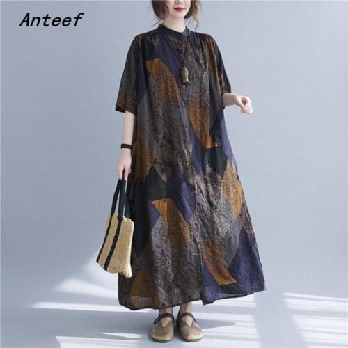 Short sleeve cotton floral vintage dresses for women casual loose long woman summer shirt dress elegant clothes 2021