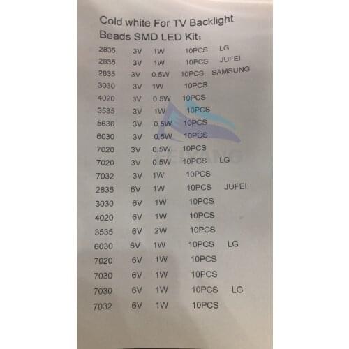 20values *10pcs=200PCS 1W/0.5W SMD LED Kit 3V/6V 2835/3030/3535/4020/5630/6030/7020/7030/7032 Cold white For TV Backlight Beads