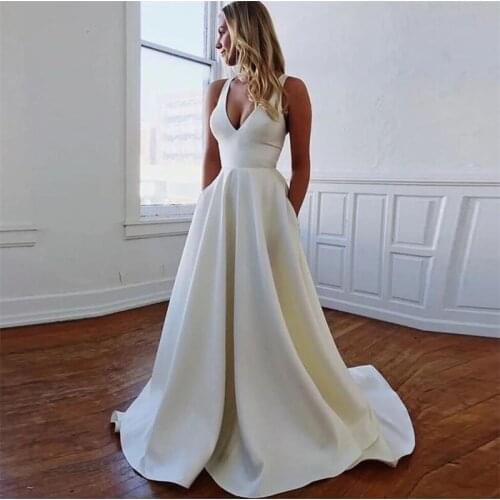 Elegant Sleeveless V-Neck A-Line Sweep Train Satin Backless Wedding Dress vestido de noiva Bridal Dress Wedding Gowns