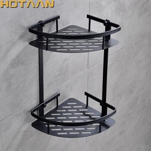 Free Shipping Wall Mounted Black Aluminum Bathroom Shower Shampoo Shelf Corner Basket Holder Fashion Double Layer YT-7026-H