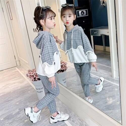Kids Girls Clothes Autumn Winter striped split Long Sleeve Sweatshirts hoodie + Pants Outewear Children Set 5 7 8 9 10 12 Years