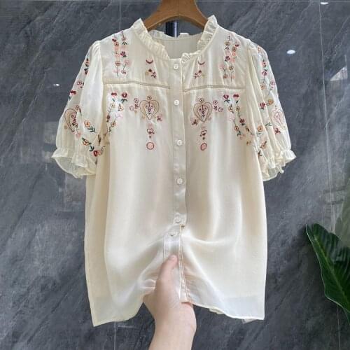 European goods mulberry silk stand-up collar short-sleeved silk shirt women top silk shirt women silk shirt women Tops Blouse
