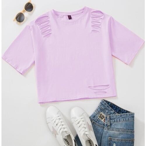 Summer Harajuku Girls Sexy Cotton Ripped Tshirt Croped Tops for Women Y2k T-shirt Short Sleeve O-Neck Egirl 90s Aesthetic Shirts