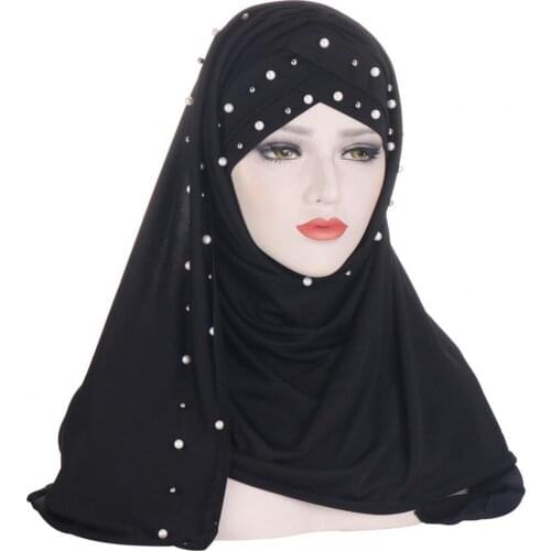 Cotton scarf Fashion Women Headscarf Round Beads Faux Pearl Headwear Scarf Wrap Female Musulman Hijab