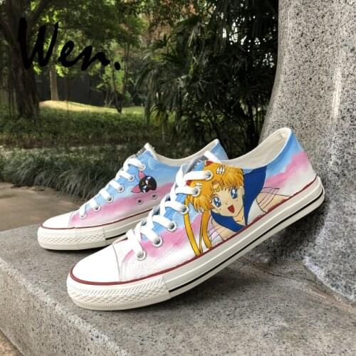 Wen Low Top Canvas Shoes Hand Painted Sailor Moon Design Custom Women Anime Sneakers Lace up Plimsolls Men Skateboarding Flat