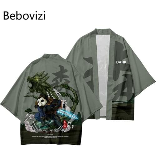 Japanese Anime Panda Kimono Suit Women Men Cosplay Yukata Clothing Harajuku Samurai Cardigan Tops + Pants Sets Plus Size 6XL