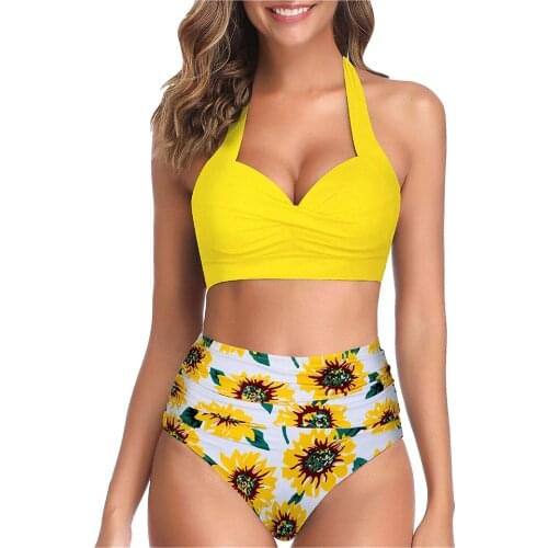 2021 Vintage Print Swimsuit High Waist Bikini Swimsuit Swimwear Female Bandeau Thong Brazilian Biquini Bikini Set Summer Biquini
