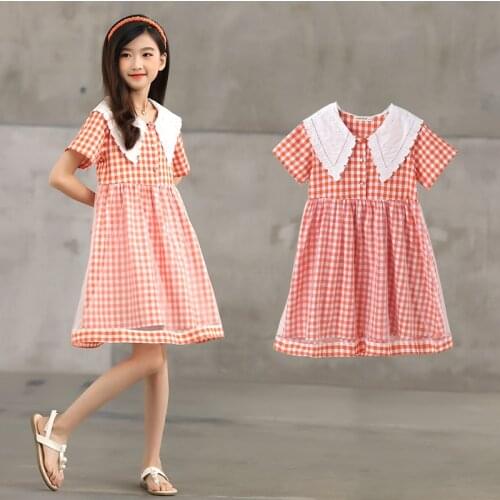 Summer New Childrens Dress 2021 Kids Big Girls Fashion Lapel Cotton Plaid Dress Cute Net Yarn Splicing Princess Dress for Girls