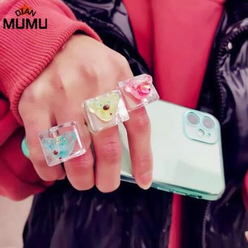 Cute cartoon bear ring female models 2021 colorful candy color transparent shiny acrylic resin ring fashion party friend gift