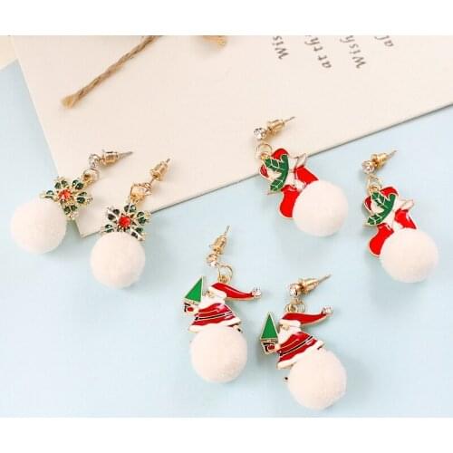 Cute Santa Claus Accessories Deer Socks Crystal Snowflake Christmas Tree Winter Plush Ball Holiday Women’s Enamel Earrings