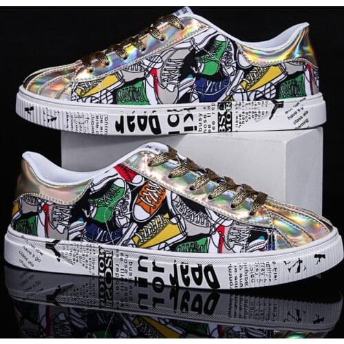 Topvivi Men Shoes Casual 2021 Fashion Couple Shoes Graffiti Printed Glitter Shoes Men Classic Shell Toe Shiny Golden Sneakers