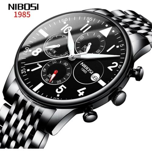 NIBOSI Mens Watches Stainless Steel Black Wristwatch Business Waterproof Chronograph Watches Male Clocks Relogio Masculino 2368