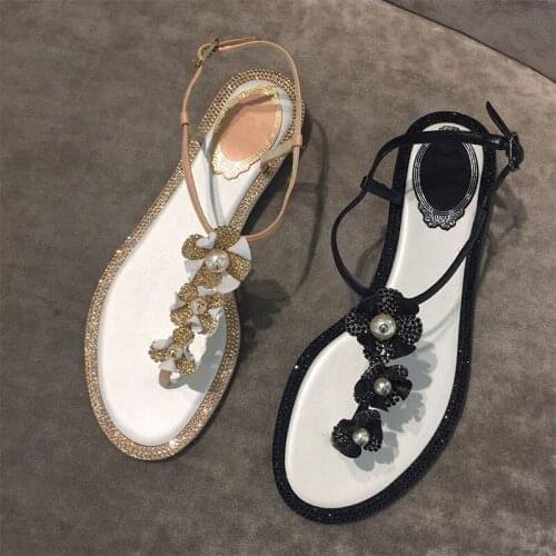 T-Strap Summer Gladiator Shoes Sandals Crystal Flower Sandals Women Zapatos Mujer Fashion Brand Chaussure Femme Beach Flats