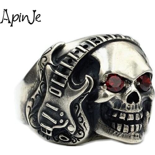 Apinje Handcrafted Thai Silver Hip Hop Rock 925 Sterling Silver Skull Ring Men Guitar Skeleton Gothic Stone Jewelry