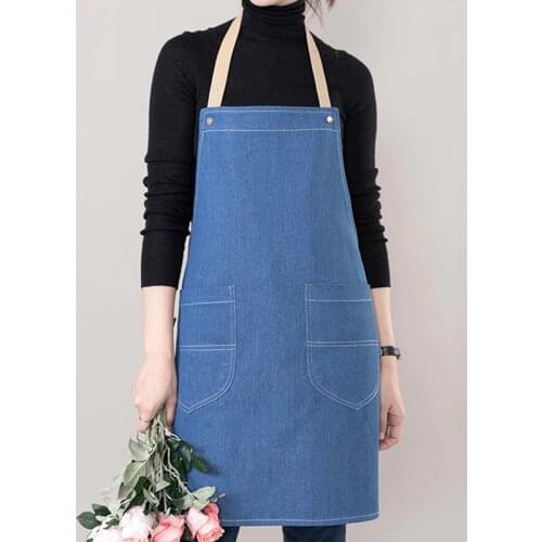 Blue Denim Apron PU Strap Cafe Barista Bartender Pastry Chef Uniform Restaurant Bistro Florist Gardener Flower Shop Workwear K58