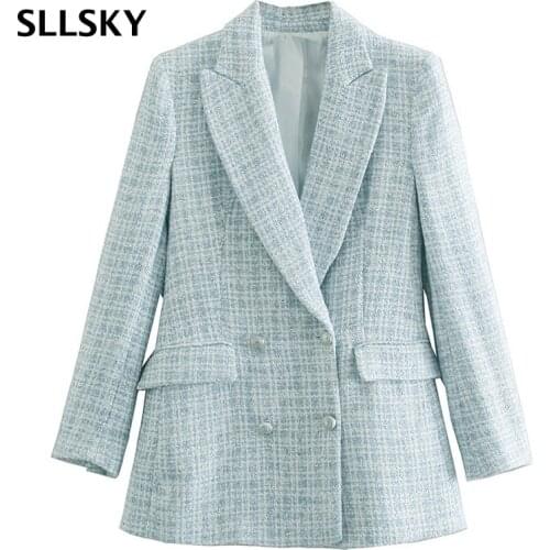 SLLSKY 2021 New Woman Suit Jacket Tweed Blazers Women Double Breasted Long Sleeve Plaid Outwear Coat Ladies Checkered Blazers