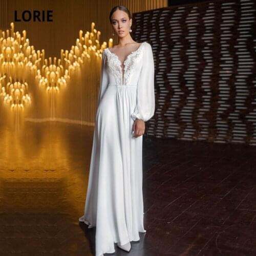 LORIE Bohemian Wedding Dresses Beach Wedding Gown White Ivory Elastic Chiffon Long Sleeves Side Split Bridal Dress suknia ślubna