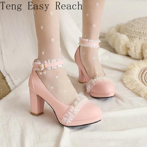 2021 PU Round Toe Lace Ruffles Pearl Lolita Style Platform Block High Heels Princess Sweet Mary Janes Shoes For Women Pumps