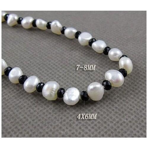 Unique Pearls jewellery Store 120cm Long Pearl Jewelry 4mm Black Crystal Beads 7-8mm Baroque White Freshwater Pearl Necklace