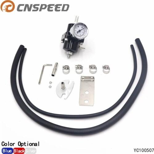 CNSPEED Billet Aluminum Universal Adjustable Fuel Pressure Regulator With Gauge Withe Hose Blue Black Red Sliver YC100507