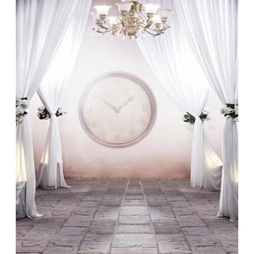Vintage curtains clock photo background stone floor kids vinyl wedding indoor backdrops photography in photo studio kits CM-6964