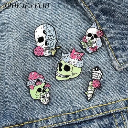 Sugar Skull Anatomy With Roses Enamel pins Pink Floral Skeleton Brooches Backpack Hat Jewelry Accessories Gothic Gift