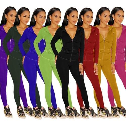 Women Long Sleeve Hooded Pocket Jacket Skinny Pants Workout Outfit Tracksuit