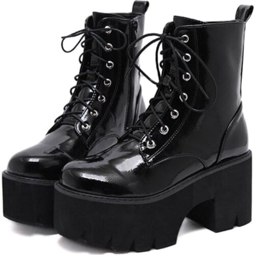 Woman Lace Autumn Boots Womens Ladies Chunky Wedge Platform Black Patent Leather Ankle Boots Punk Goth New Arrival 2021