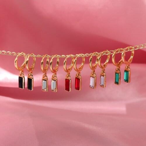 JUST FEEL Korean New Square Crystal Circle Hoop Earrings for Women Colorful Stone Geometric Small Earrings Female Jewelry Gift