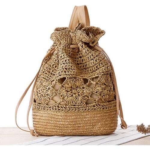 Women Backpack Hollow Out Summer 2020 Handmade Knitted Flower Drawstring Crochet Straw Beach Bags Designer Backpack Female Bag