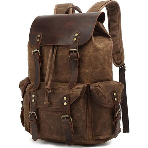 Women Leather Laptop Drawstring Rucksack Casual Oil Wax Canvas Backpacks Vintage Waterproof Large Capacity Travel Bag