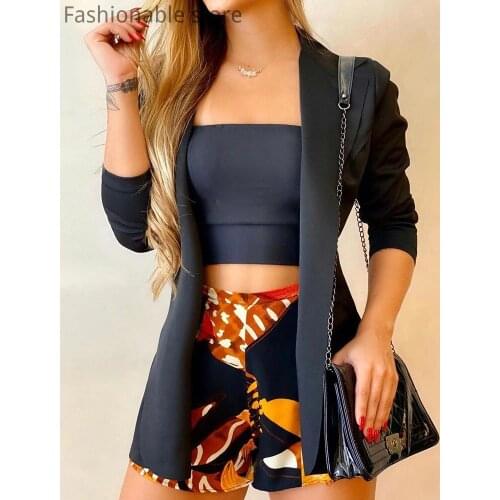 Women Off Shoulder Solid Color Crop Top & Long Sleeve Blazer Coat 2 Piece Set