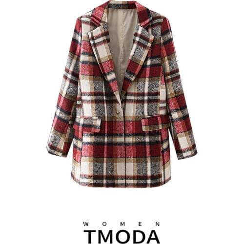 TMODA352 Women Winter England Style Plaid Woolen Blazer Coat Vintage Long Sleeve Female Outerwear Chic Tops Jackets for Women