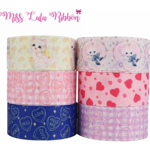 16mm-75mm Cartoon Kitty Love Heart HUG CUTE Printed Grosgrain/Foe Ribbon Lace Jeans Love DIY Festival Hair Bowknots 50yards/roll