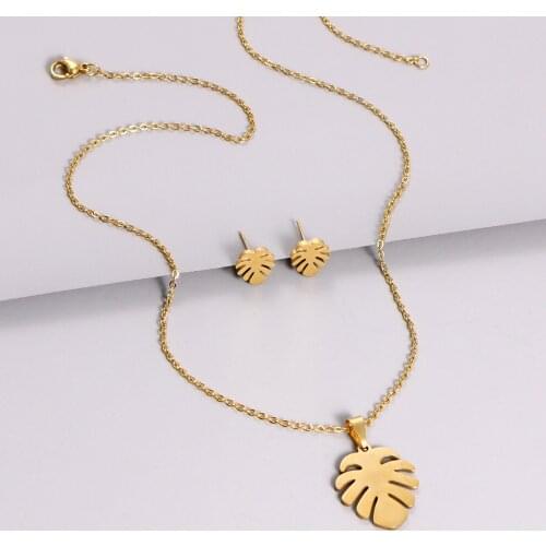 2pc / Set Fashion Leaves Earrings Necklace Trend Elegant Women Gold Color Pendant Charm Lady Cocktail Party Jewelry Accessories