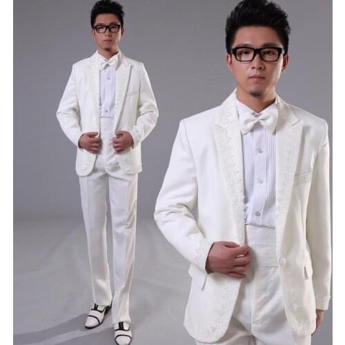 2020 new business white lace slim men suit set with pants mens wedding suits groom formal dress married suit + pant + tie 4XL