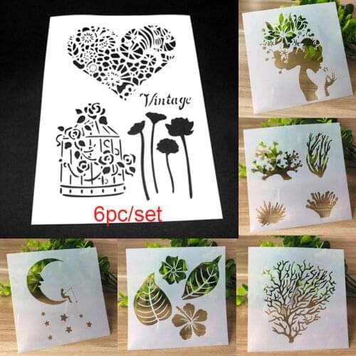 6pc Stencil Tree Painting Template Scrapbooking Stamp Embossing Card Craft Plastic Decorative Bullet Journal Supplies Reusable