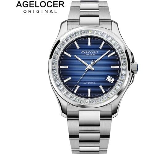 AGELOCER Original Swiss Luxury Brand Mechanical Watches Mens Blue Color Gradient Dial 40pcs Crystal Power Reserve Luminous Watch