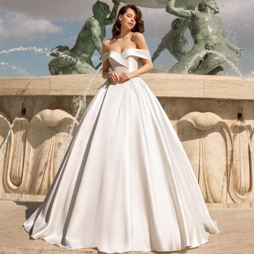 Off the Shoulder Satin Wedding Dresses White A-Line Court Train Bridal Gowns Lace up Cheap Wedding Dress