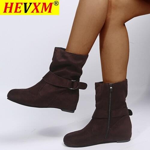 New Women Winter Cotton Bukle Ankle Boots Shoes Ladies Botas Mujer Plus Size 35-43 Zip Buckle Round Toe Height Increasing