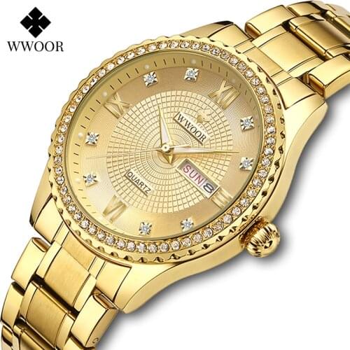 WWOOR Gold Watch Men Quartz Diamond Clock Top Brand Luxury Golden Stainless Steel Waterproof Date Wristwatches Relogio Masculino