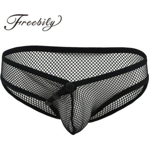 Erotic Gay Mens Lingerie Sexy Mesh Bulge Pouch Press Button Openwork Bikini Briefs Underwear UnderPants For Lingerie Night Party
