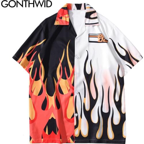 GONTHWID Hawaiian Shirts Streetwear Fire Flame Color Block Patchwork Shirt Men Harajuku Casual Hip Hop Beach Fashion Button Tops